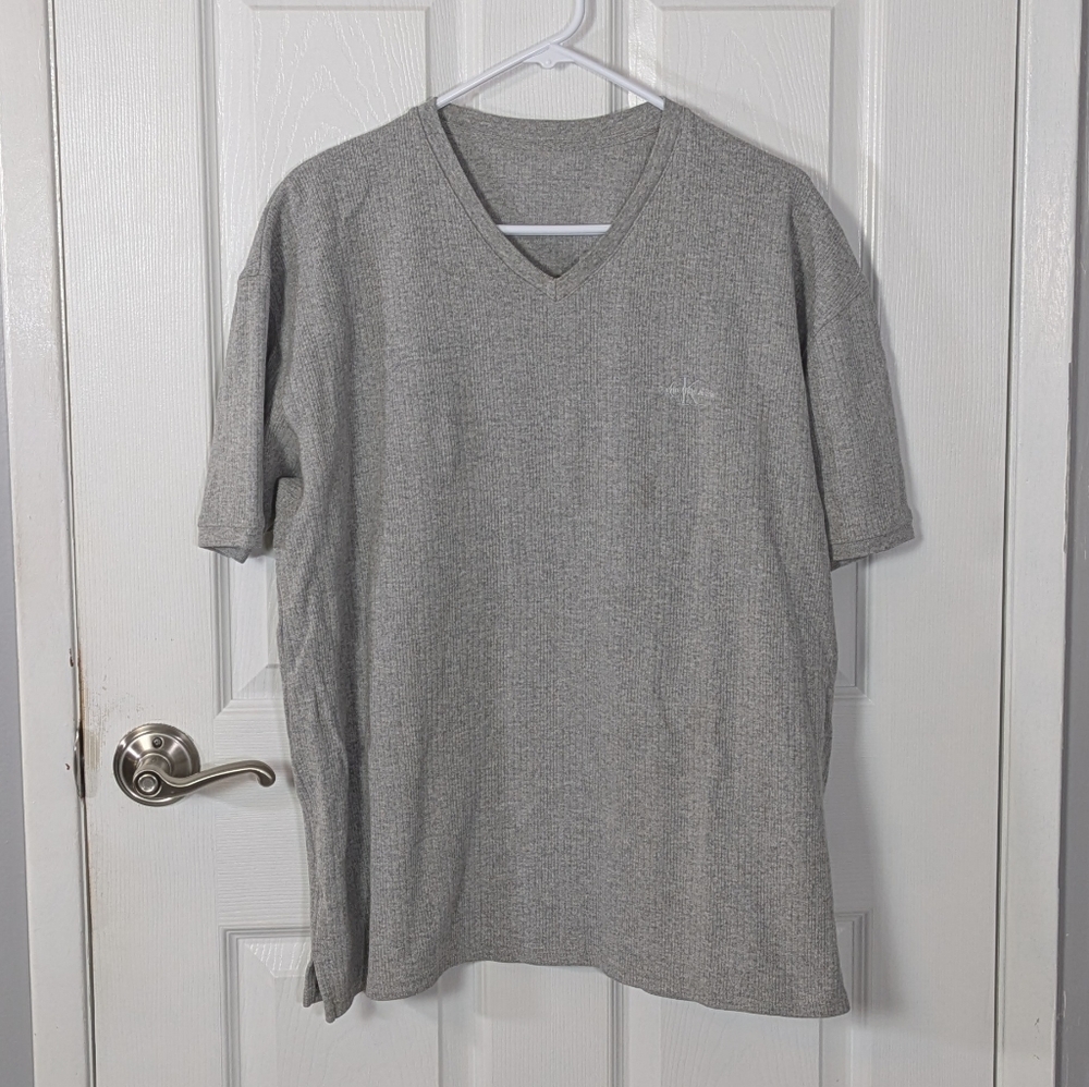 90s Calvin Klein Ribbed Knit 100% Cotton Gray Embroidered Logo Short Sleeve Tee